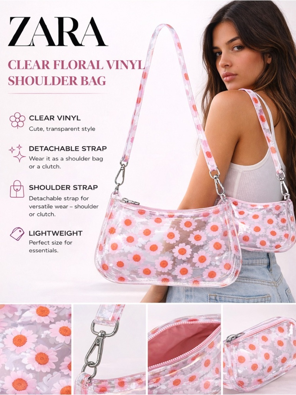 ZARA Clear Floral Vinyl Shoulder Bag NWT OS Pink Orange Daisy Print Baguette Bag
